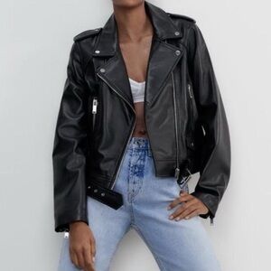 Zara Faux Leather Biker Moto Jacket in Black